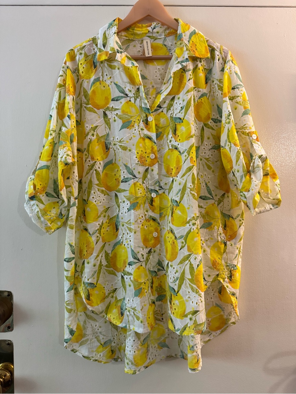 Oversized Made in Italy Lemon Print Eyelet Button-Up Shirt Yellow Green XL